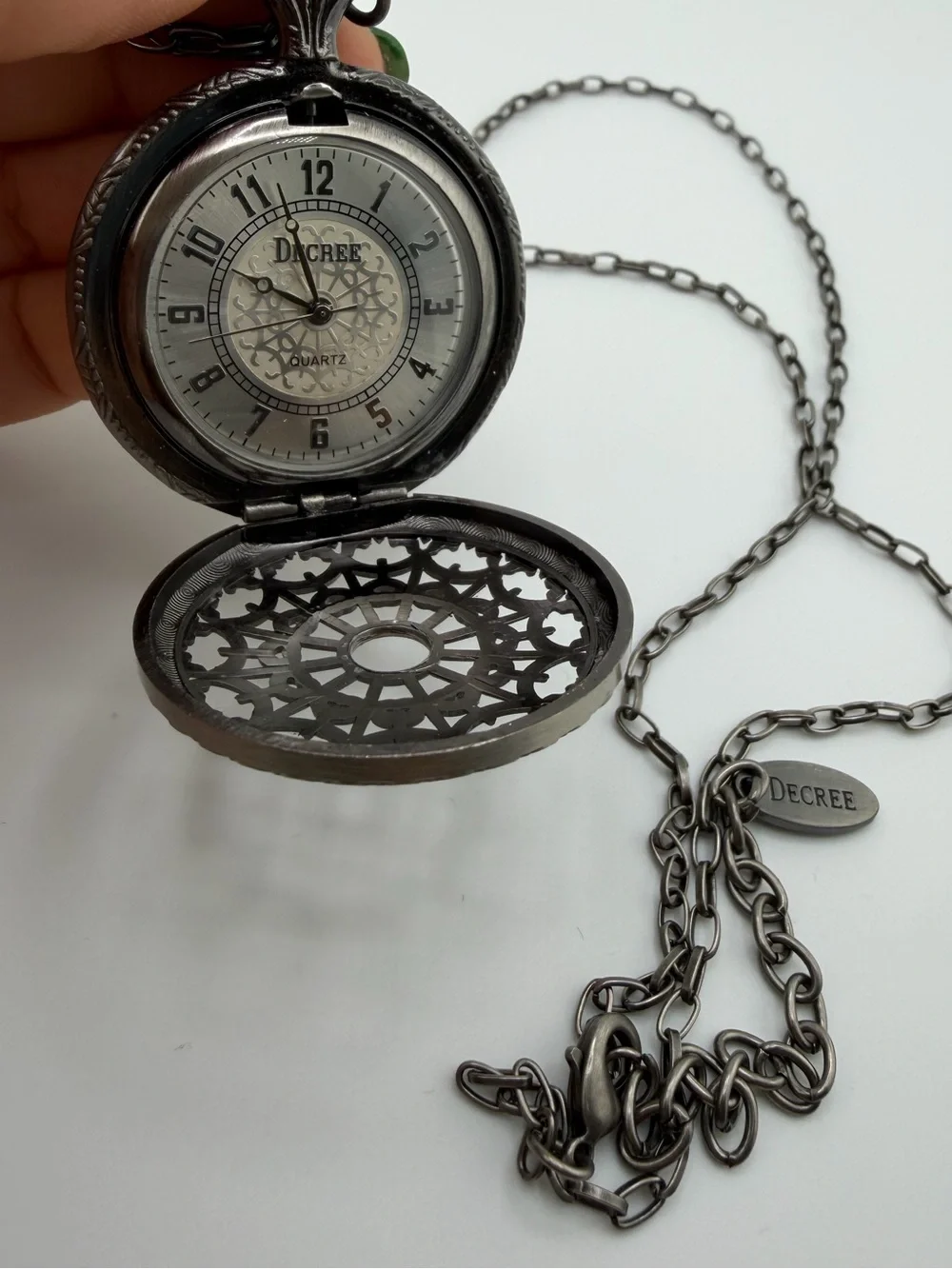 Decree vintage Gunmetal Open-Face Pocket Watch Necklace watch